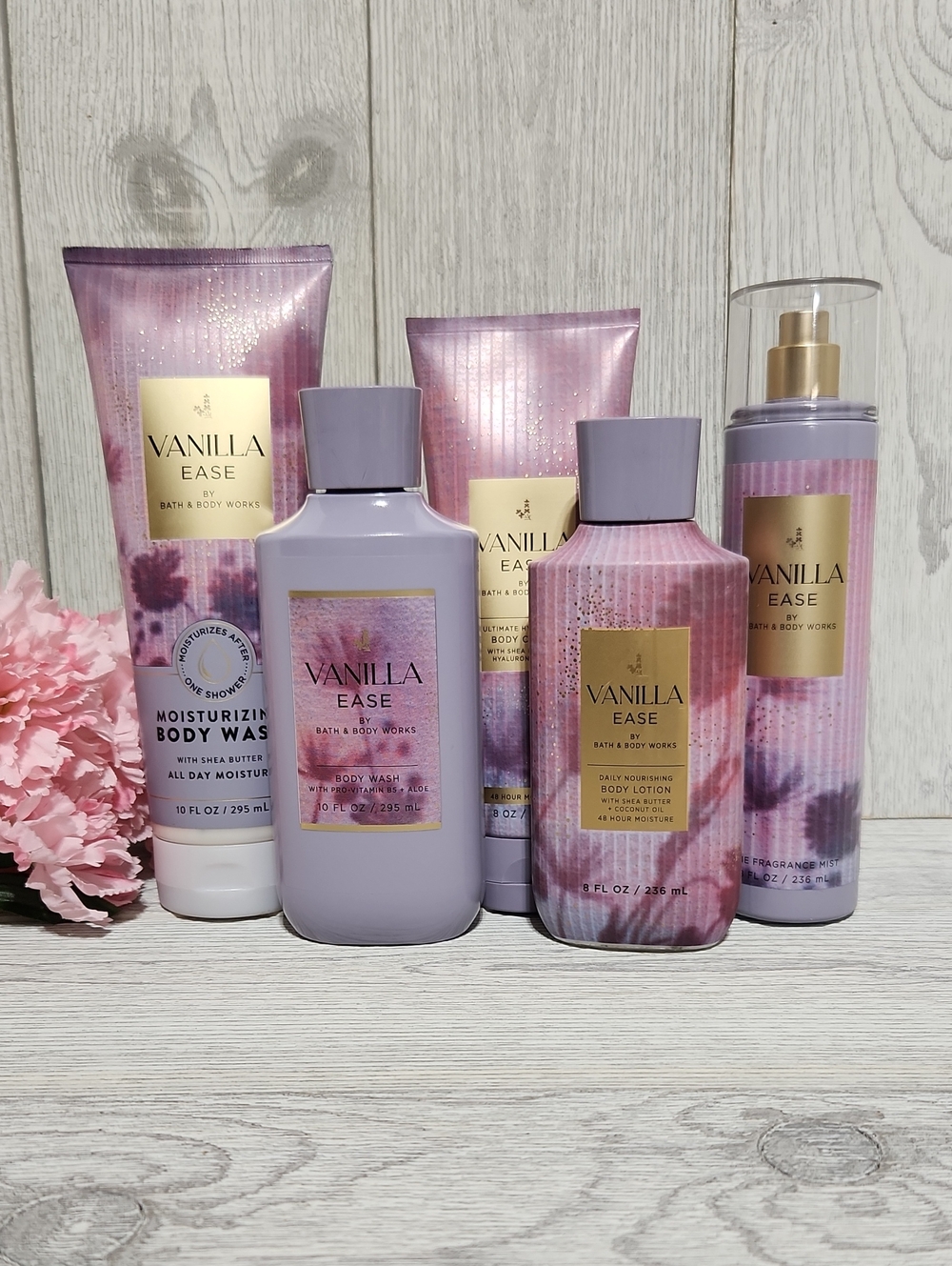 Bath & Body Works Vanilla Ease Body Wash Cream Lotion Mist 5pc Set